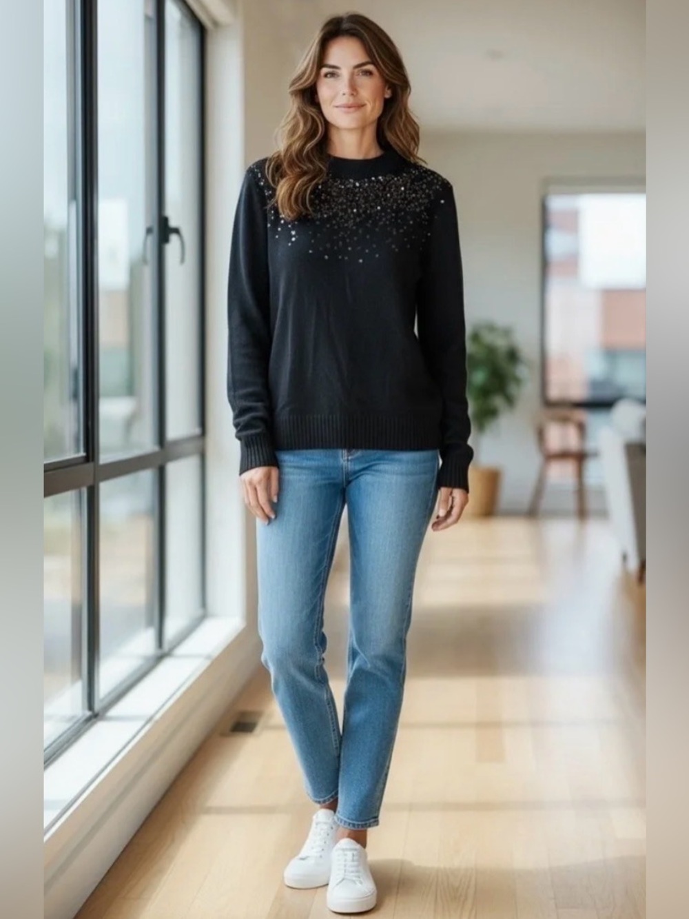 Juicy Couture black knit sweater with sequin embellishments, Size Large